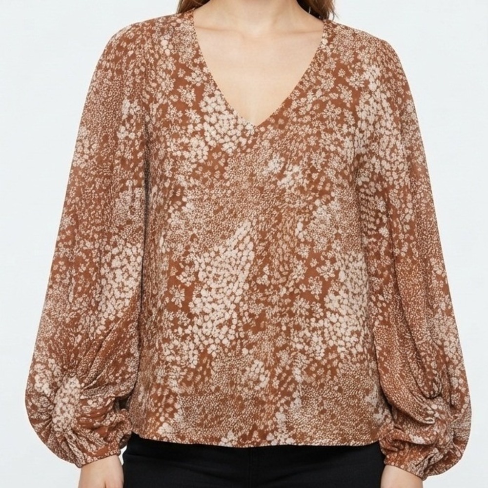 VICI V-Neck Blouse Womens Large Brown Floral Balloon Sleeve Boho